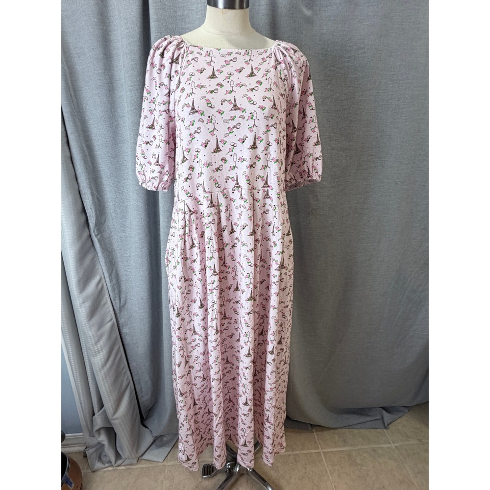Svaha USA Pink Paris Eiffel Tower Novelty Print Maxi Dress Pockets Womens L